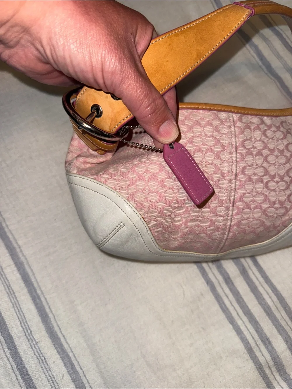 Coach Pink Signature Canvas Hobo with Tan & White Accents
